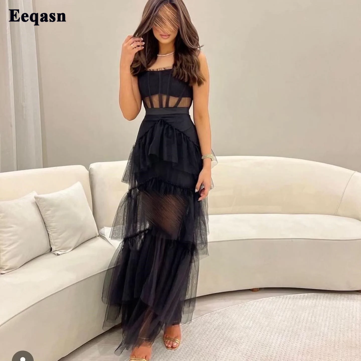 

Сексуальное черное платье для выпускного вечера, без бретелек, Прозрачная Юбка в несколько рядов, женское платье до пола, платье для ночного клуба