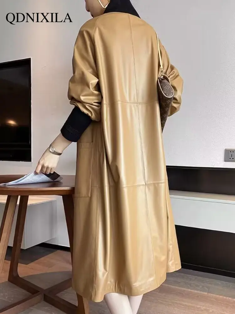 Women's Leather Jacket Sheepskin Coat 2023 New Korean Version of Loose Long Trench Coat PU Women Jacket New In Outerwear