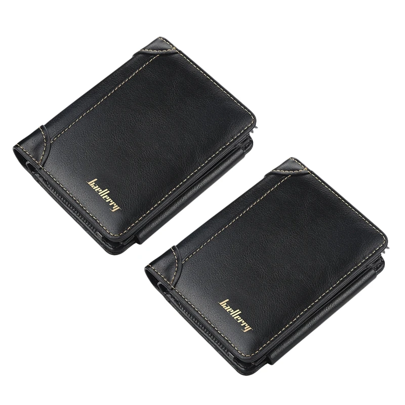 

2X Baellerry Short Men Wallets 11 Card Holders Zipper Men Leather Purse Solid Coin Pocket Male Purse Black