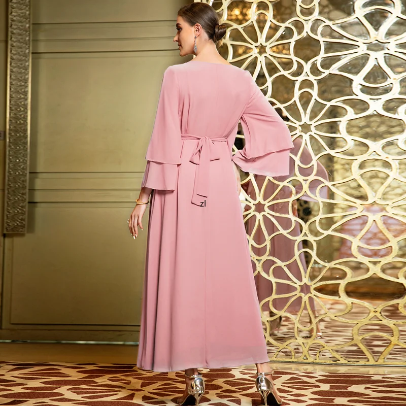 Women's Dresses Luxury Floral Rhinestone Belted Kaftan Double Layer Chiffon Flare Sleeve Party Evening Dress