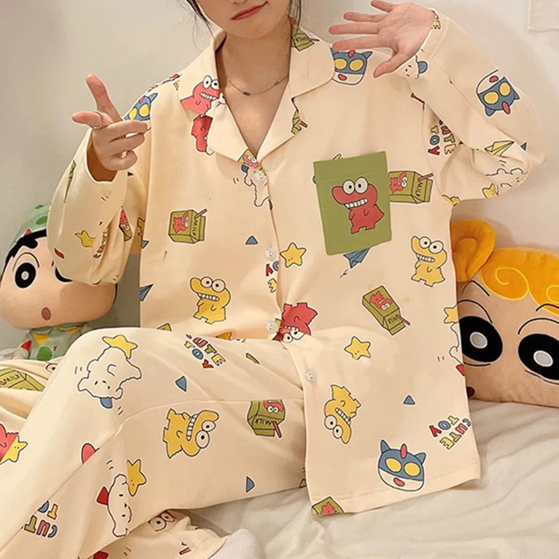 Crayon Shin-chan TOHATO Spring 2PCS Pyjamas Set Women Tops Autumn Winter Lapel Button Cardigan Outfits Cute Loungewear Clothes
