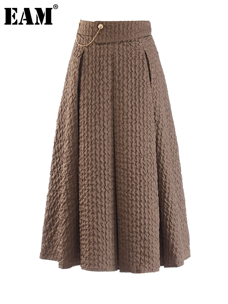 

[EAM] High Waist Black Brown Pleated Long Elegant A-line Half-body Skirt Women Fashion Tide New Spring Autumn 2022 1DF08120