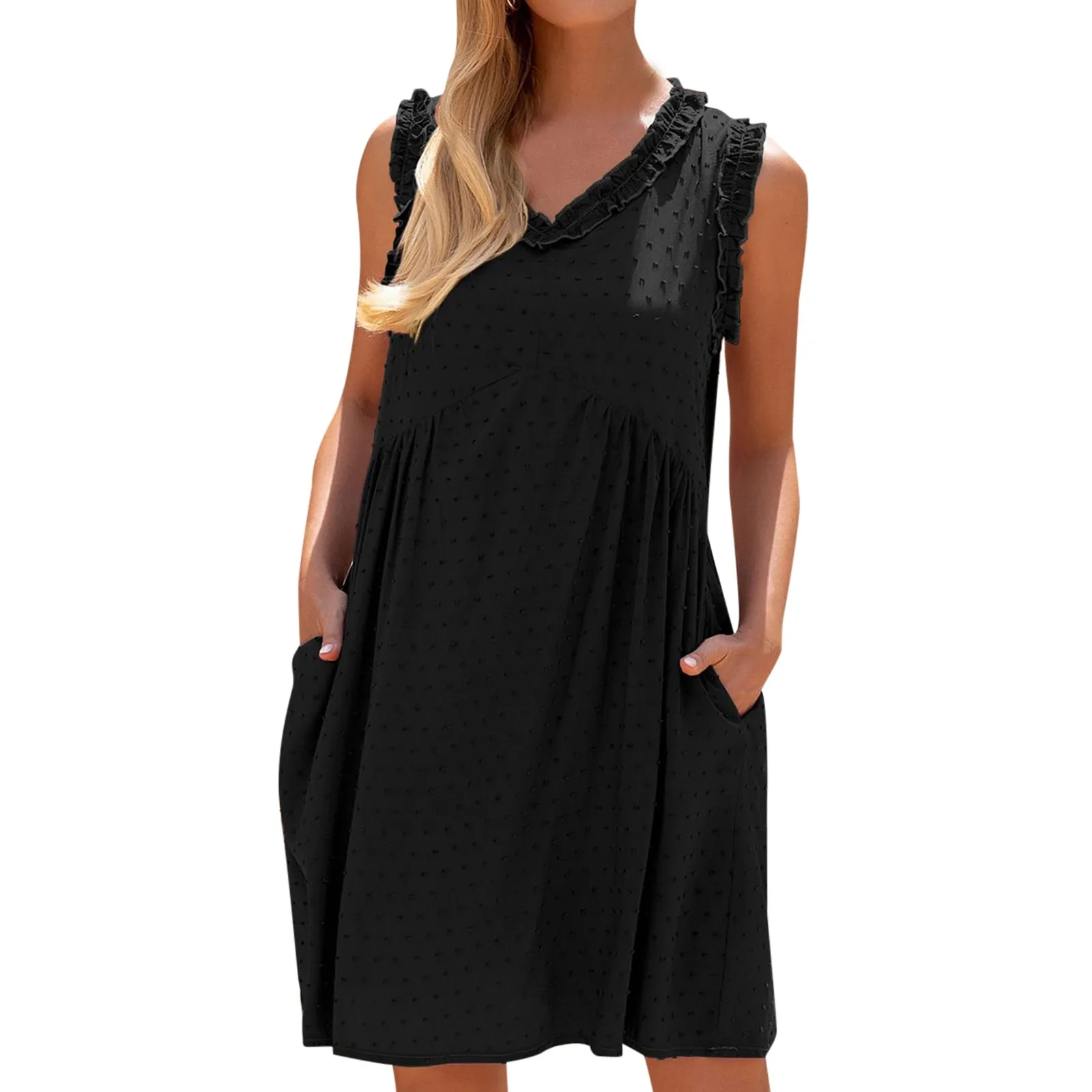 

Jacquard Polka Dots Mini Dresses For Women 2023 Elegant Sleeveless Vest V-neck Party Dresses With Pockets Loose Casual Dress