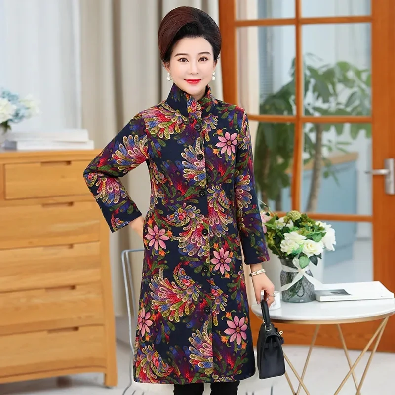 7XL Mid-Aged And Elderly Women's Winter Coat 2022 New Mother's Padded Jacket Print Stand Collar Mid-Length Ethnic Style Thick Wa