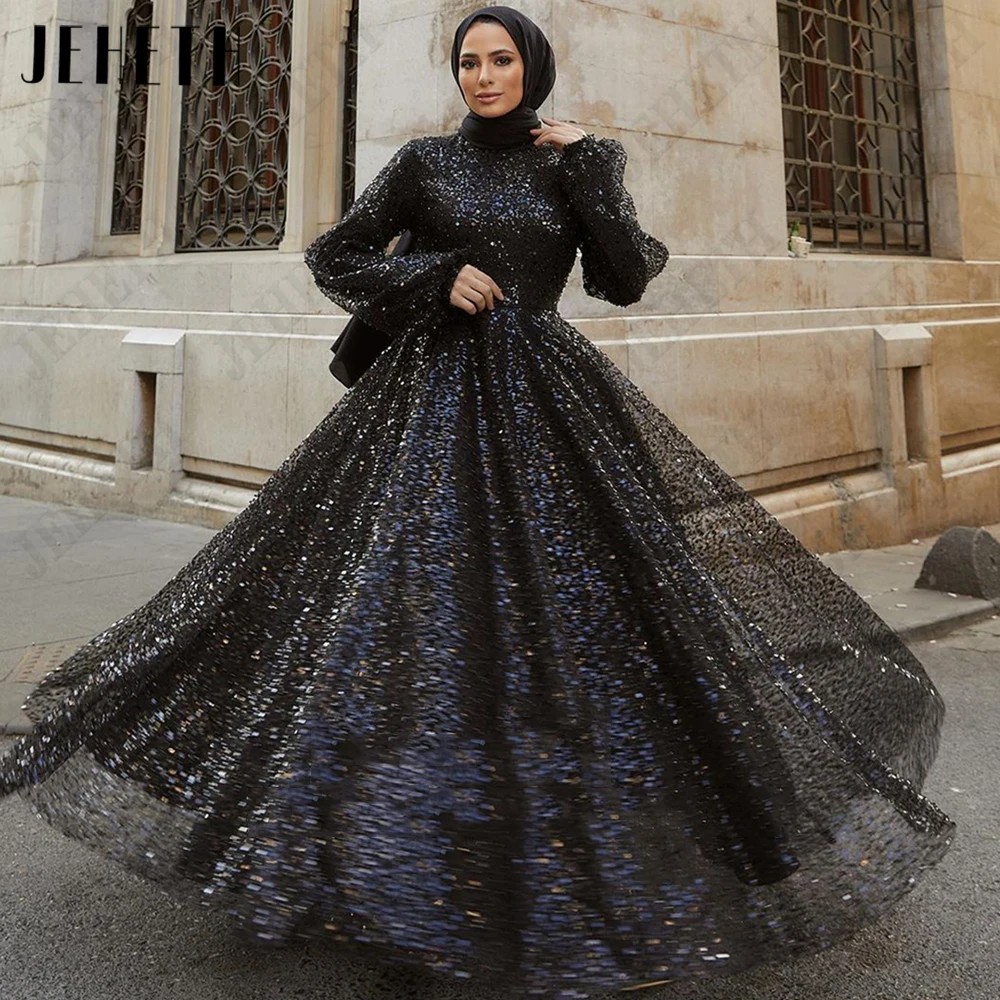 

JEHETH Modern Muslim Evening Gown For Woman Puff Sleeves Sequin High Neck Formal Prom Dress A-Line 2023 فساتين للحفلات الراقصة