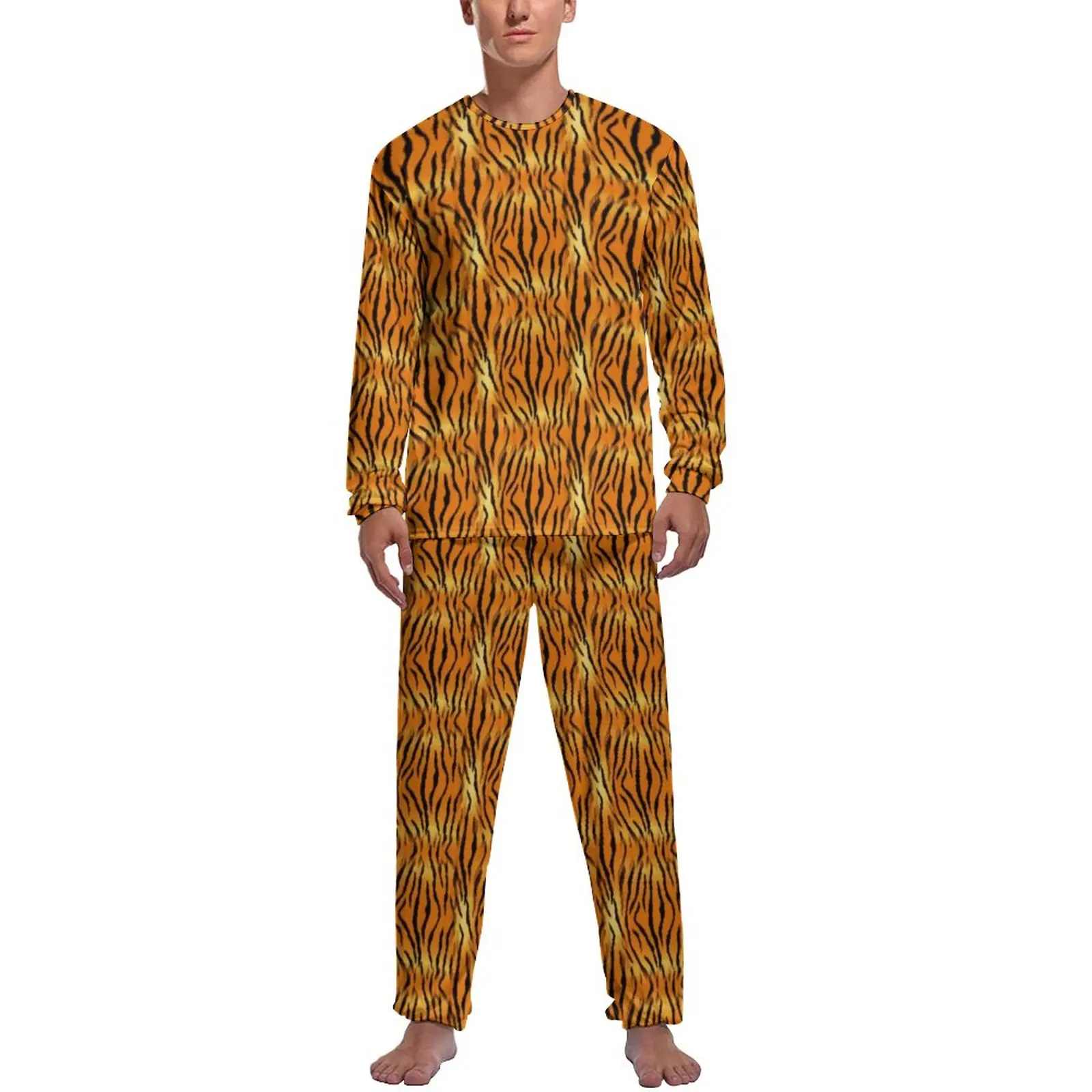 Orange Tiger Print Pajamas Long Sleeves Bright Animal Stripes 2 Piece Casual Pajama Sets Daily Men Pattern Kawaii Sleepwear