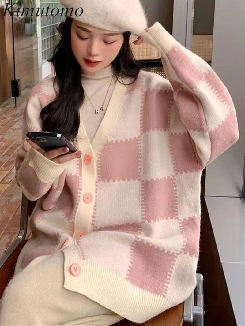 

Женский трикотажный кардиган в клетку, с V-образным вырезом