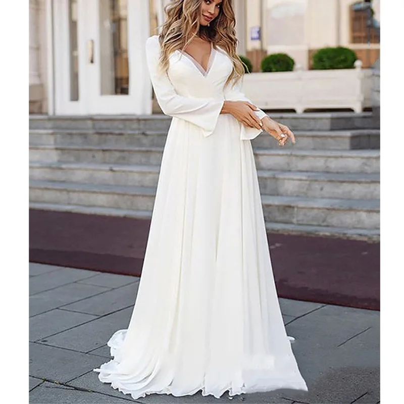 

Elegant Wedding Dress Long Sleeve Deep V-Neck With Beading Bridal Gown Back With Applique Satin Train Robe De Mariée