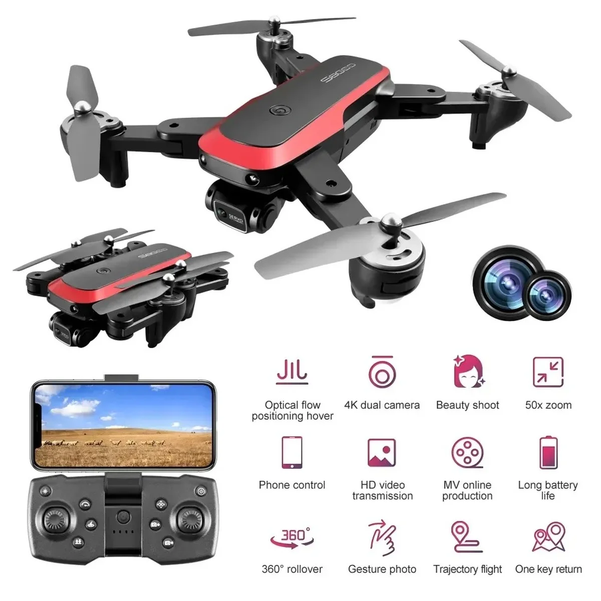 

2022 New S8000 RC Drone 4K Dual Camera 360° Rollover Trajectory Flight Optical Flow WIFI Positioning Quadcopter 50X Zoom Dron