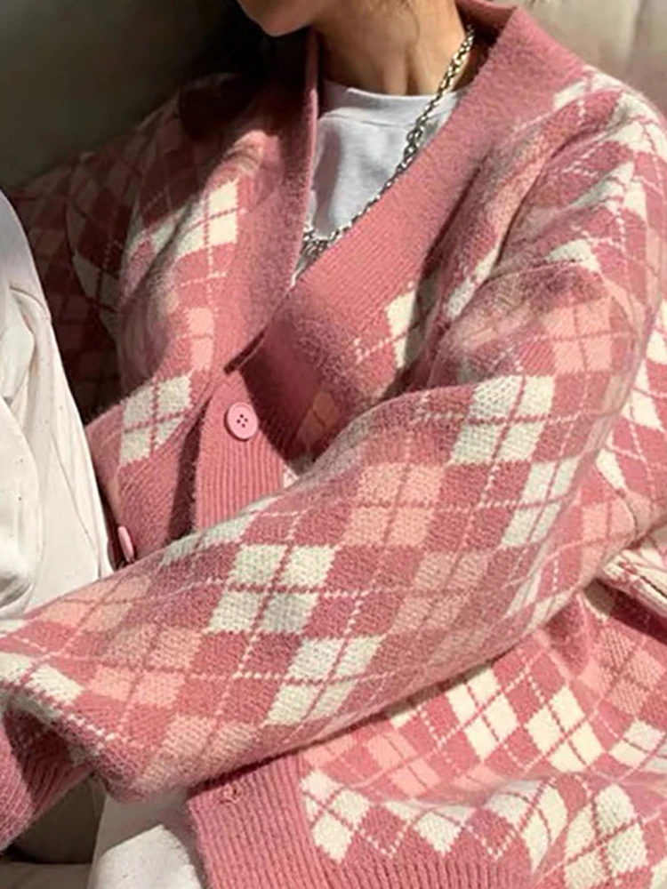 Женский вязаный кардиган-бойфренд Sungtin в Корейском стиле с ромбовидным узором