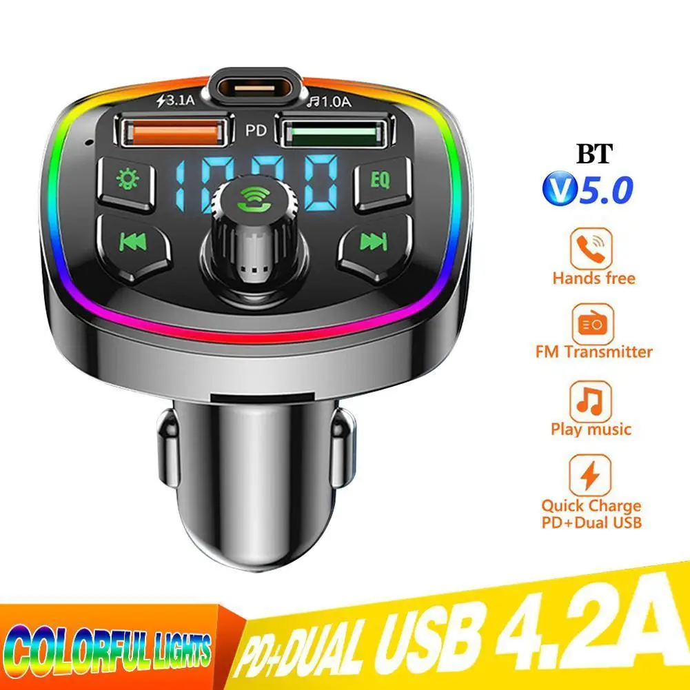 

Car Bluetooth 5.0 Charger FM Transmitter PD 18W Type-C Dual USB 4.8A Colorful Ambient Light Cigarette Lighter MP3 Music Player