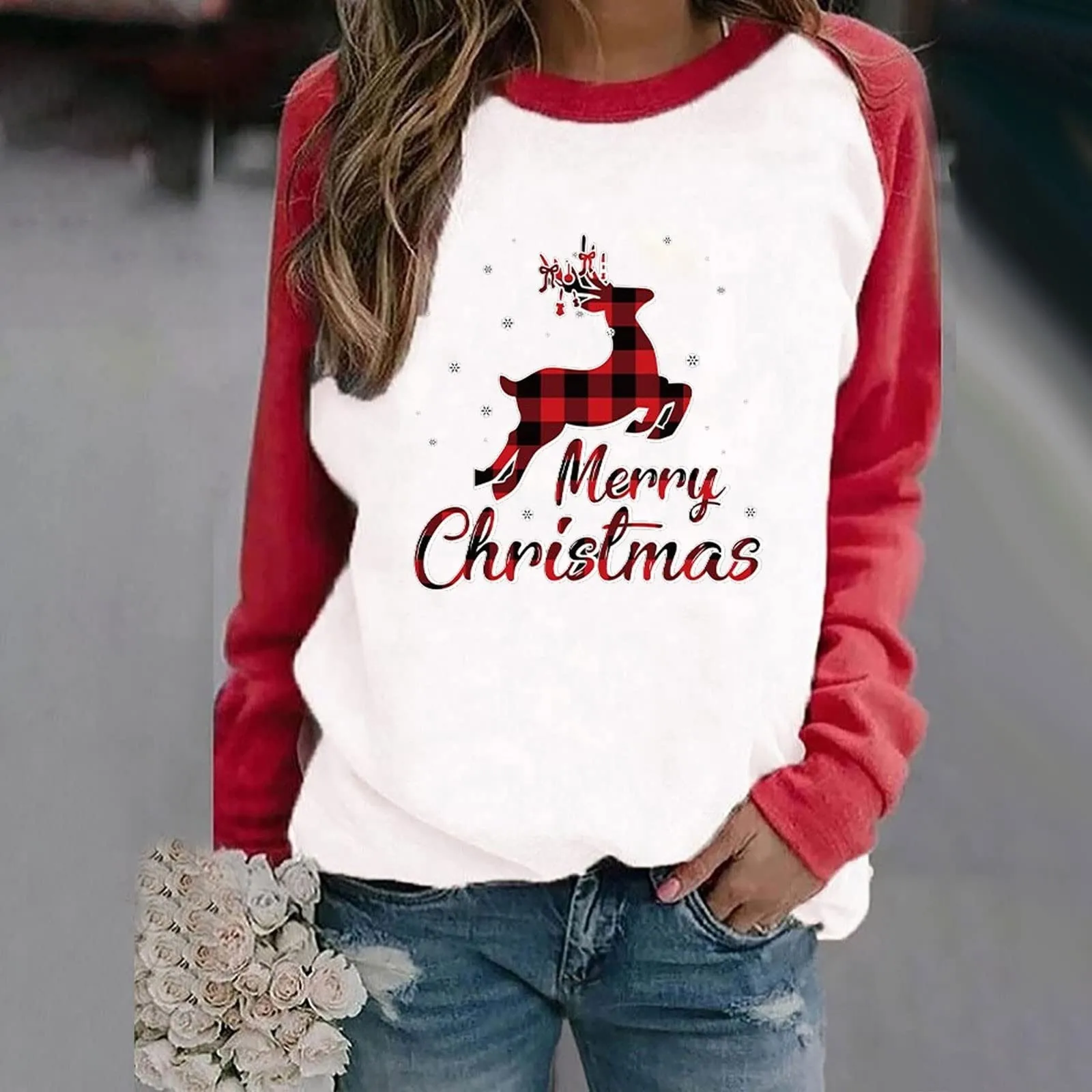 

Women's Merry Top Shirts Print Long-sleeved Regular O Neck Warm Fall Shirt Casual Winter Blouse Shirt Striped Tee Women