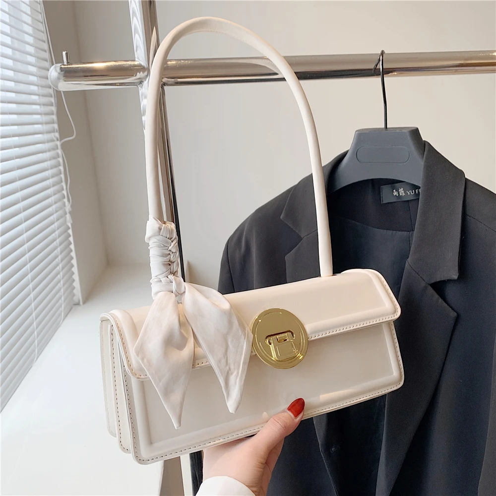 

Korean Style Simple Scarf Underarm Shoulder Bags For Women Summer 2022 Trend Flip Lock Design Ladies Handbags White Pink Green