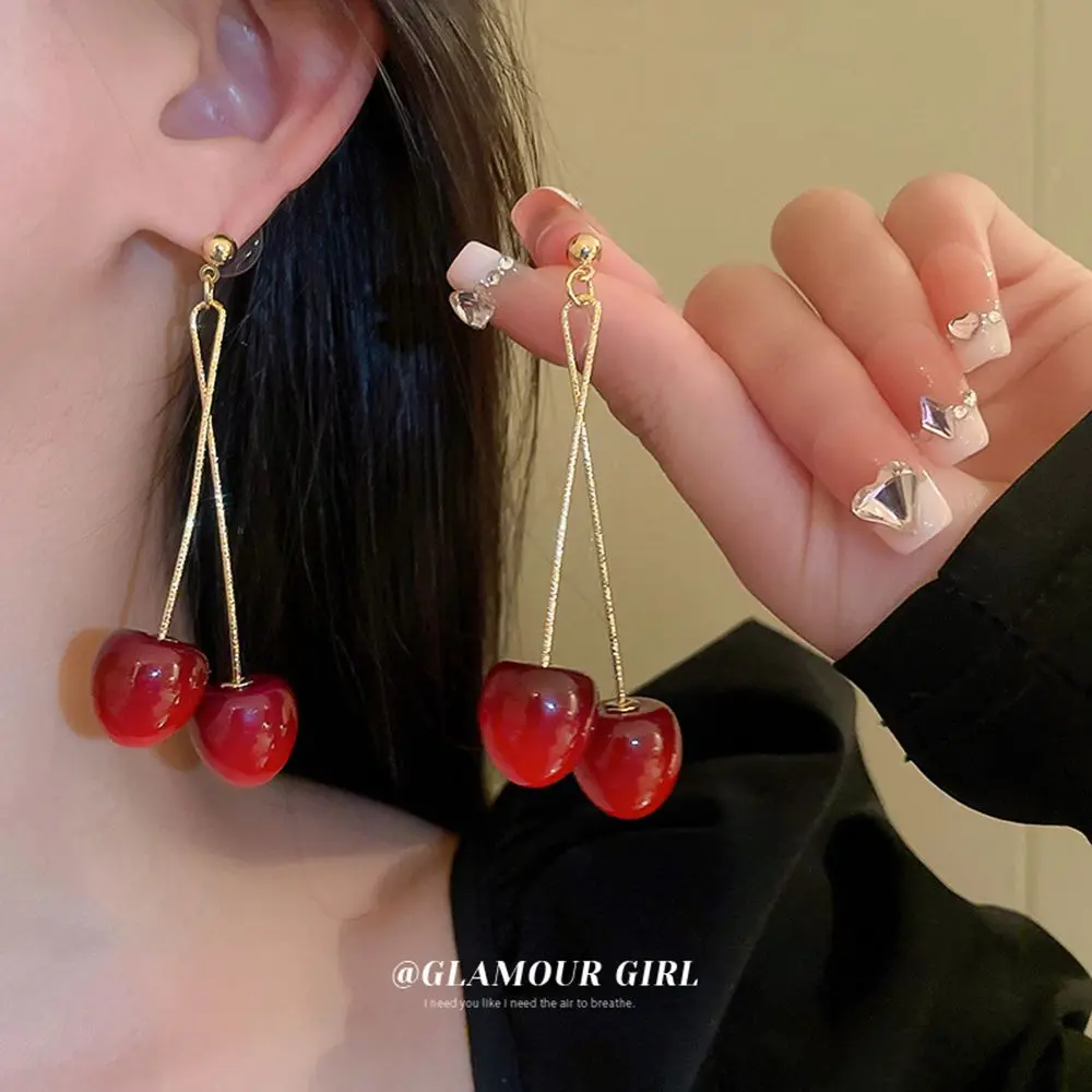 

2023 Korean Fashion Acrylic Red Cherry Long Drop Earrings for Women Sweet Chic Daily Party Earrings Y2K Kpop Luxury Jewelry Gift