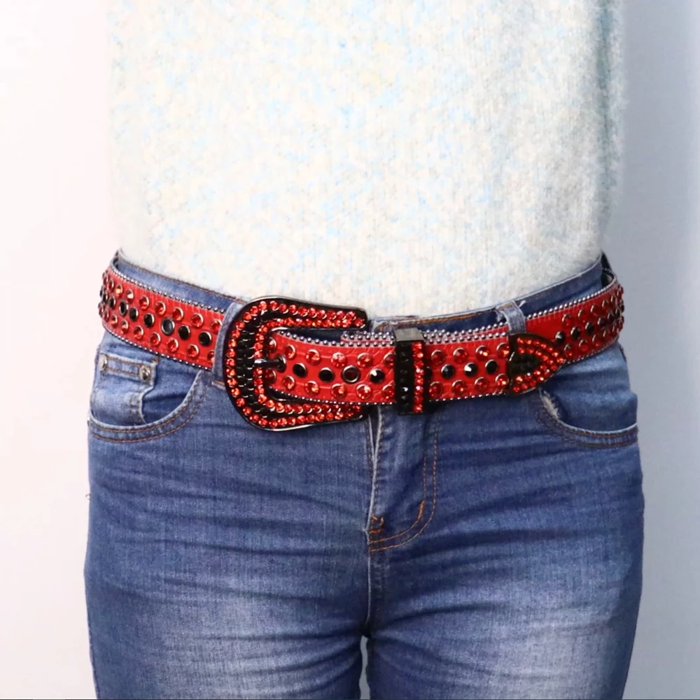 Genuine Leather Red Rhinestone Belt Luxury Designer Cowboy Bling Dimond Studded Belts For Woman Man Cinturones Para Hombre | Аксессуары