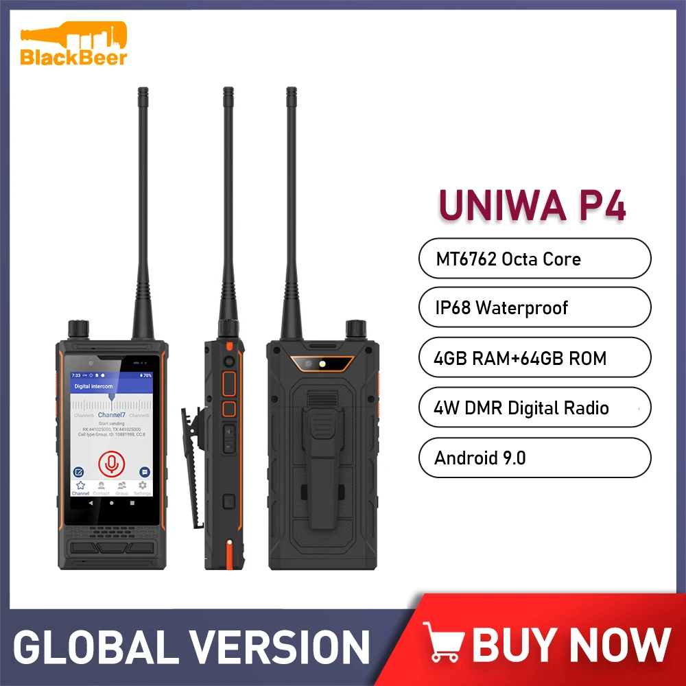 UNIWA P4 Android 9 Smartphone MT6762 Octa Core Mobile Phone 4G 64G IP68 Waterproof Cellphone 4W DMR Analog Walkie Talkie 3000mAh