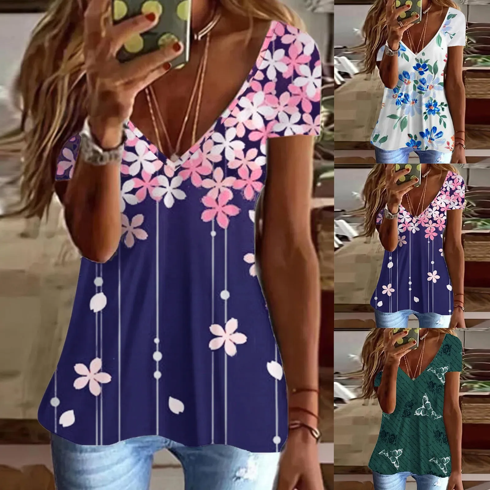 

Женская футболка с коротким рукавом и цветочным принтом, с глубоким V-образным вырезом