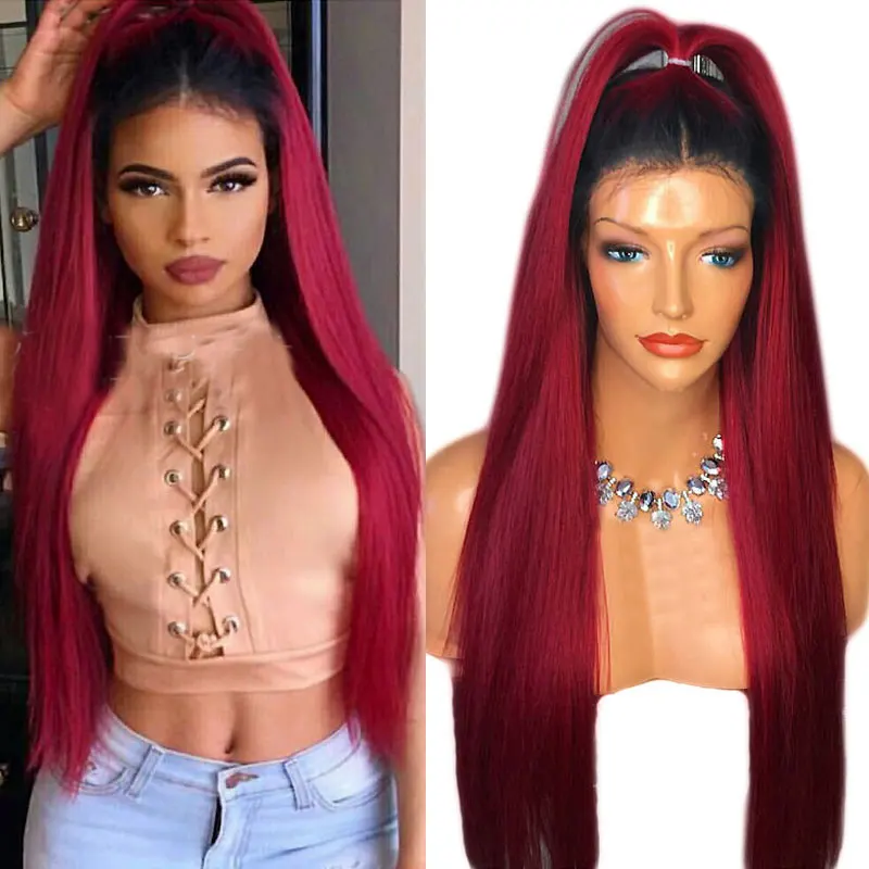 Louise Hair Red Lace Front Wig Synthetic Lace Wig Long Straight T Part Hair Wigs Wine Red Heat Resistant Fiber