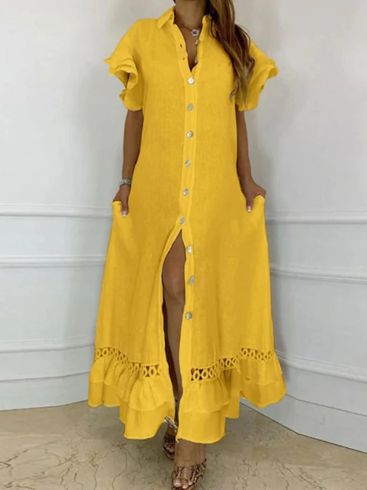 

New Casual Loose Long Party Dress Women Elegant Lapel Single Breasted Opening Dress Fashion Sexy Ruffled Cutout Slit Chic Dress