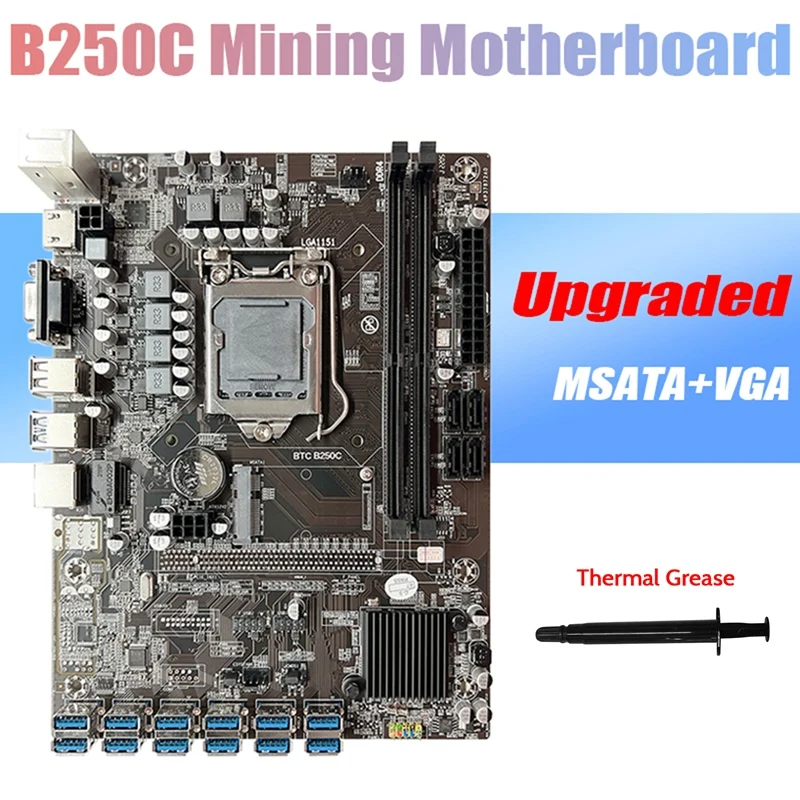 

B250C ETH Mining Motherboard+Thermal Grease 12XPCIE To USB3.0 GPU Slot LGA1151 MSATA DDR4 For ETH Miner Motherboard