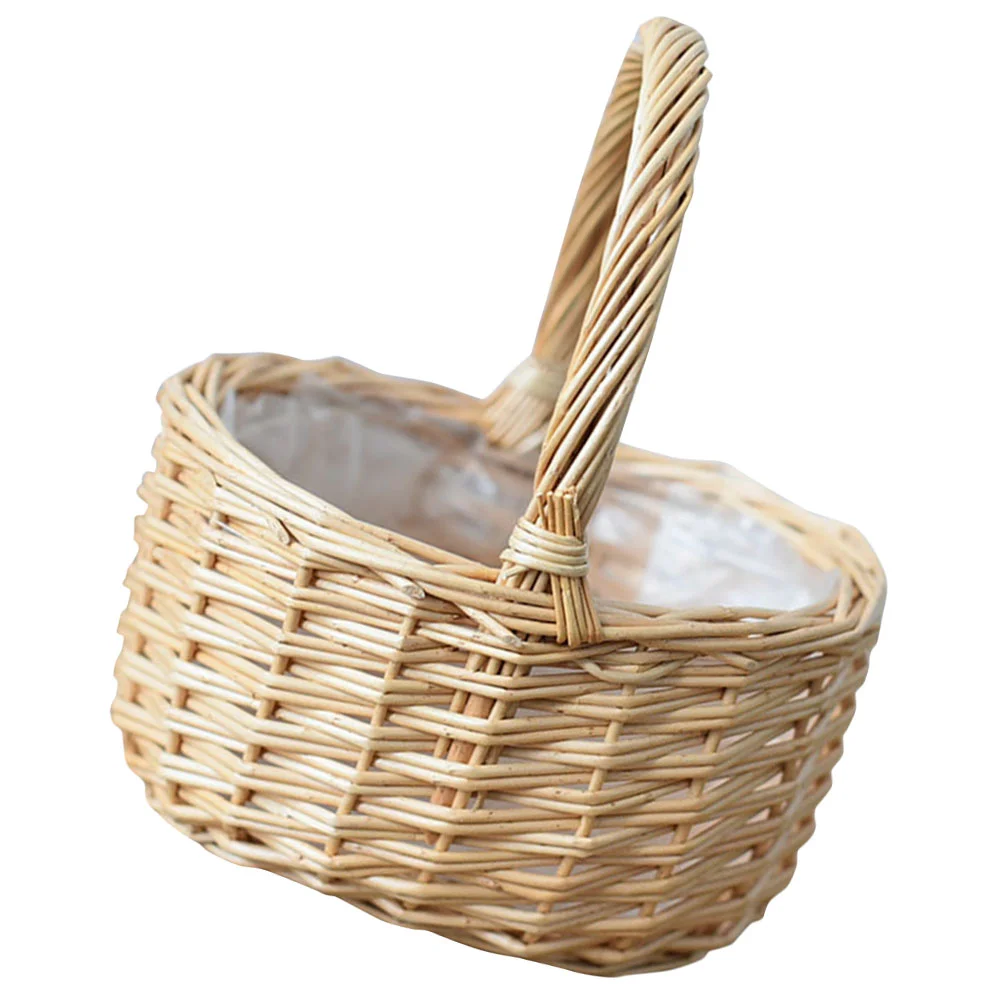 

Basket Flower Woven Picnic Baskets Rattan Egg Wicker Easter Storage Willow Handle Holder Gift Handwoven Fruit Bread Girl Serving