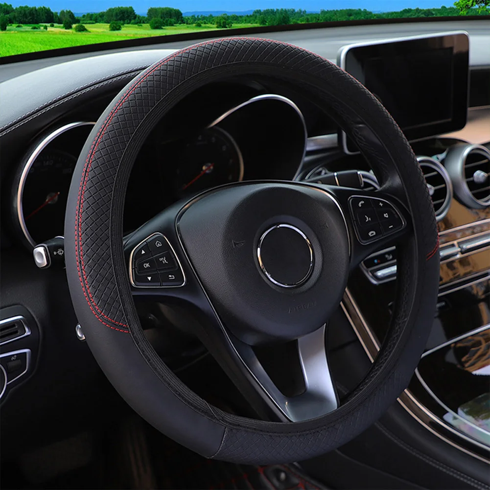 

Protect Cover Steering Wheel Cover Accessories Anti-slip Black Leather Parts Replacement Universal 15in 1pc Car