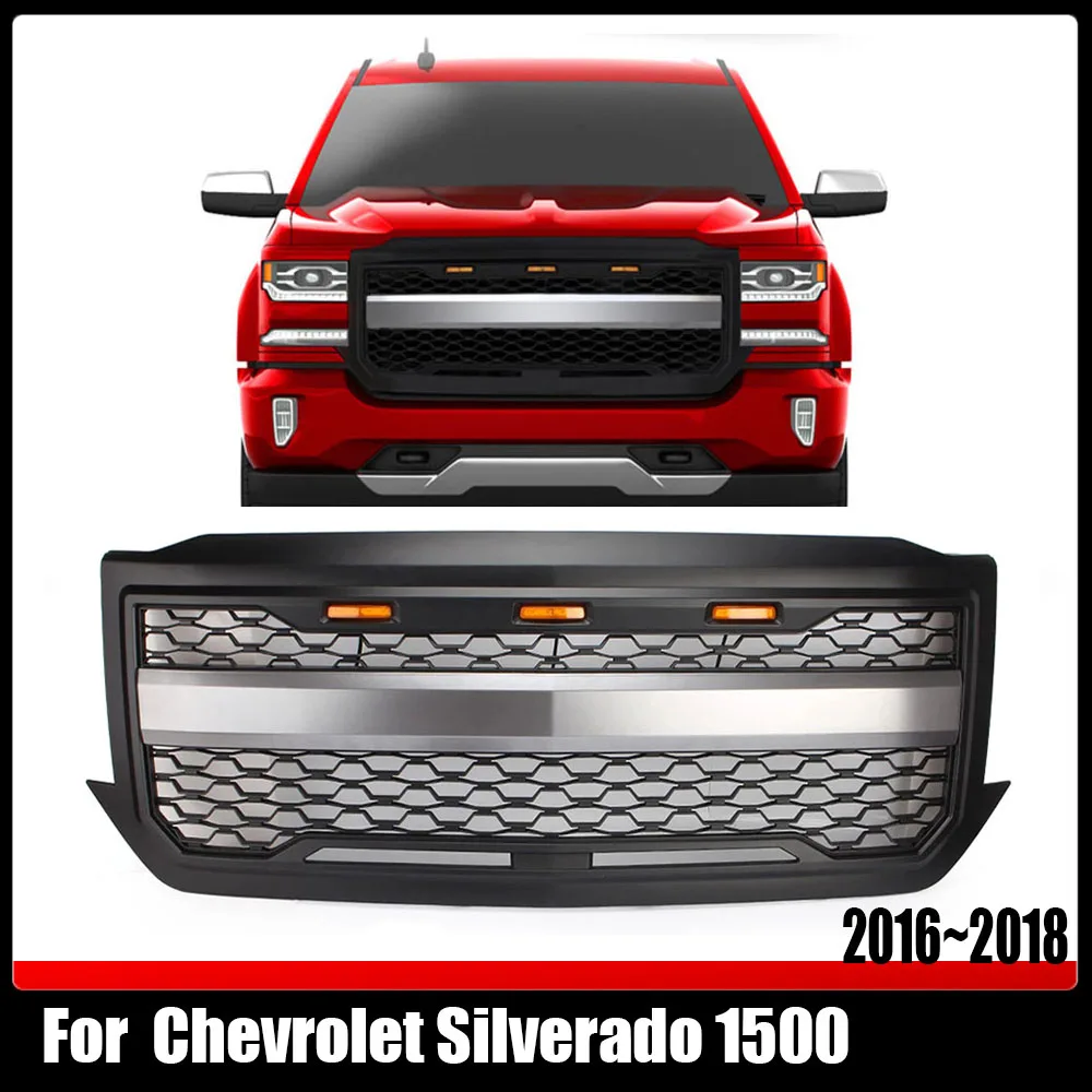 

Car Racing Grille Wiht LED Light Front Bumper Mesh Grill Radiator Upper Grille Fit For Chevrolet Silverado 1500 2016~2018