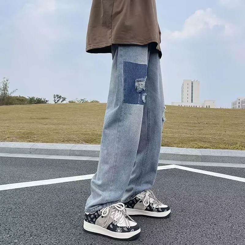 Summer Blue Ripped Jeans Men Fashion Retro Straight Jeans Men Streetwear Hip-hop Loose Hole Denim Pants Mens Trousers S-3XL