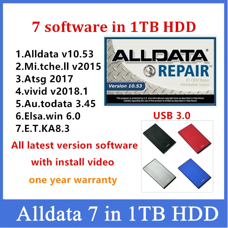 2022 Hot Alldata 10.53v Mitc.ell Auto Repair Software with Vivid 2018.1 Auto-data 3.45 Atsg 2017 Elsawin 6.0 ET.KA8.3 in 1TB HDD