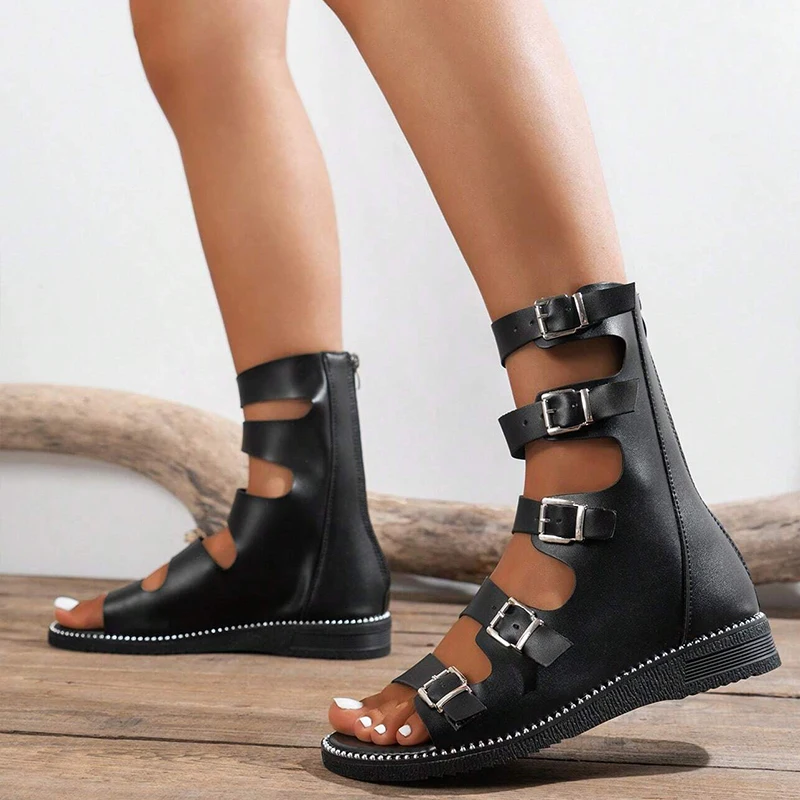 2023 Fashion Buckle Design Women Summer Sandals Round Flats Heel Back Strap Peep Toe Beach Casual Fashion Shoes Ladies