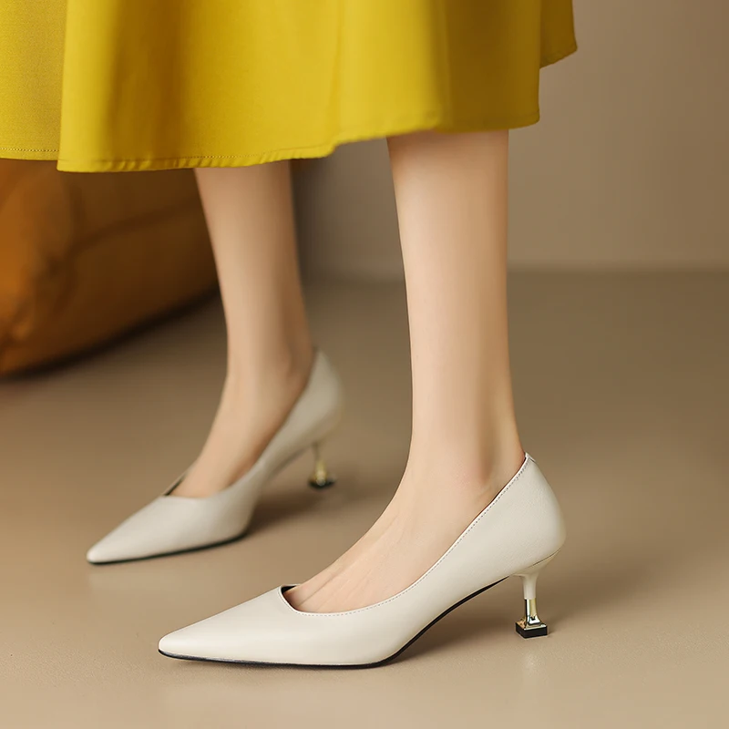 Pointed Toe Commuter Pumps Women Concise Kitten Heels Shoes Office Lady Spring Autumn Genuine Leather Comfy Soft Size 34-40