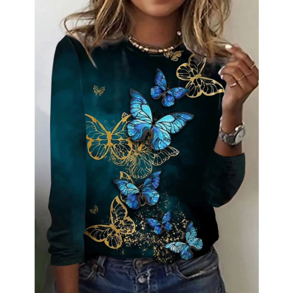

Women Cotton T-Shirts Fashion 3D Butterfly Print Tshirt For Ladies Casual Streetwear Long Sleeves Tops Female Clothing Tees New