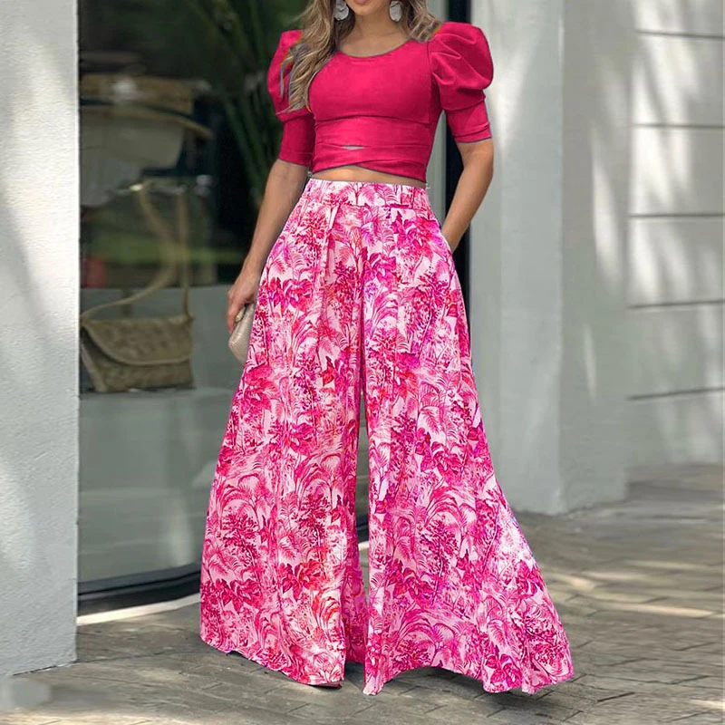 

Autumn Office Elegant Casual Suit Sexy Waist Slim Women's Suit New Solid Color Puff Sleeve Top + Wide Leg Pants Two-piece Ladies