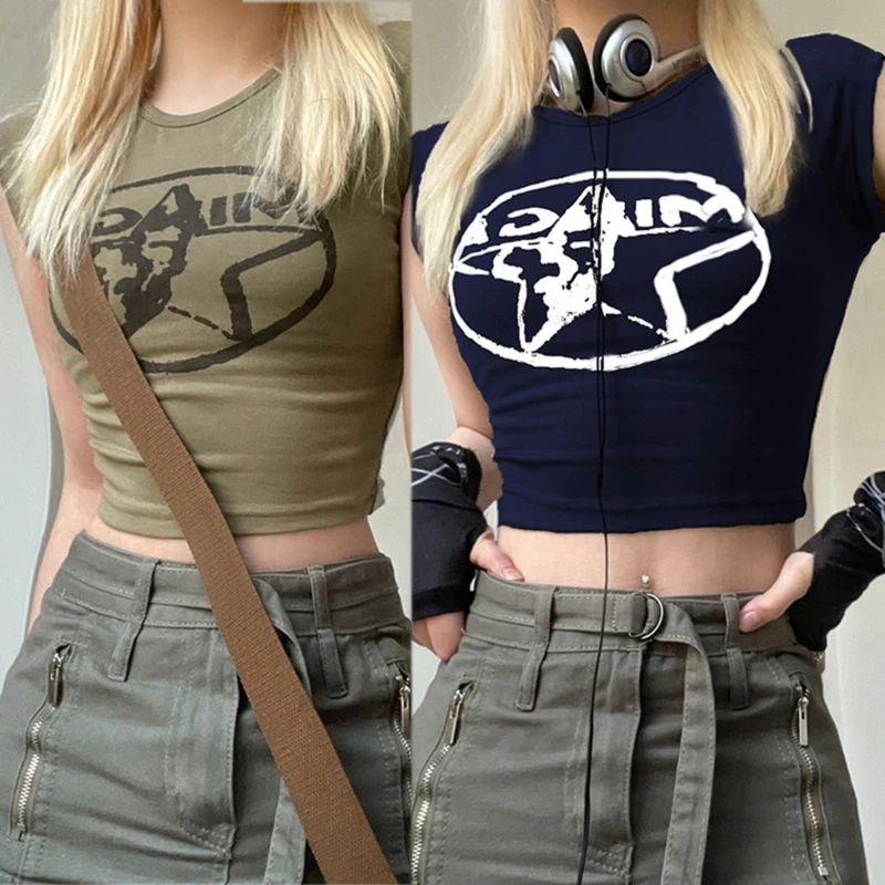 

Y2k Round Neck T-shirts Star-Tops Crop Short T-shirts Party Insgram Short Tops