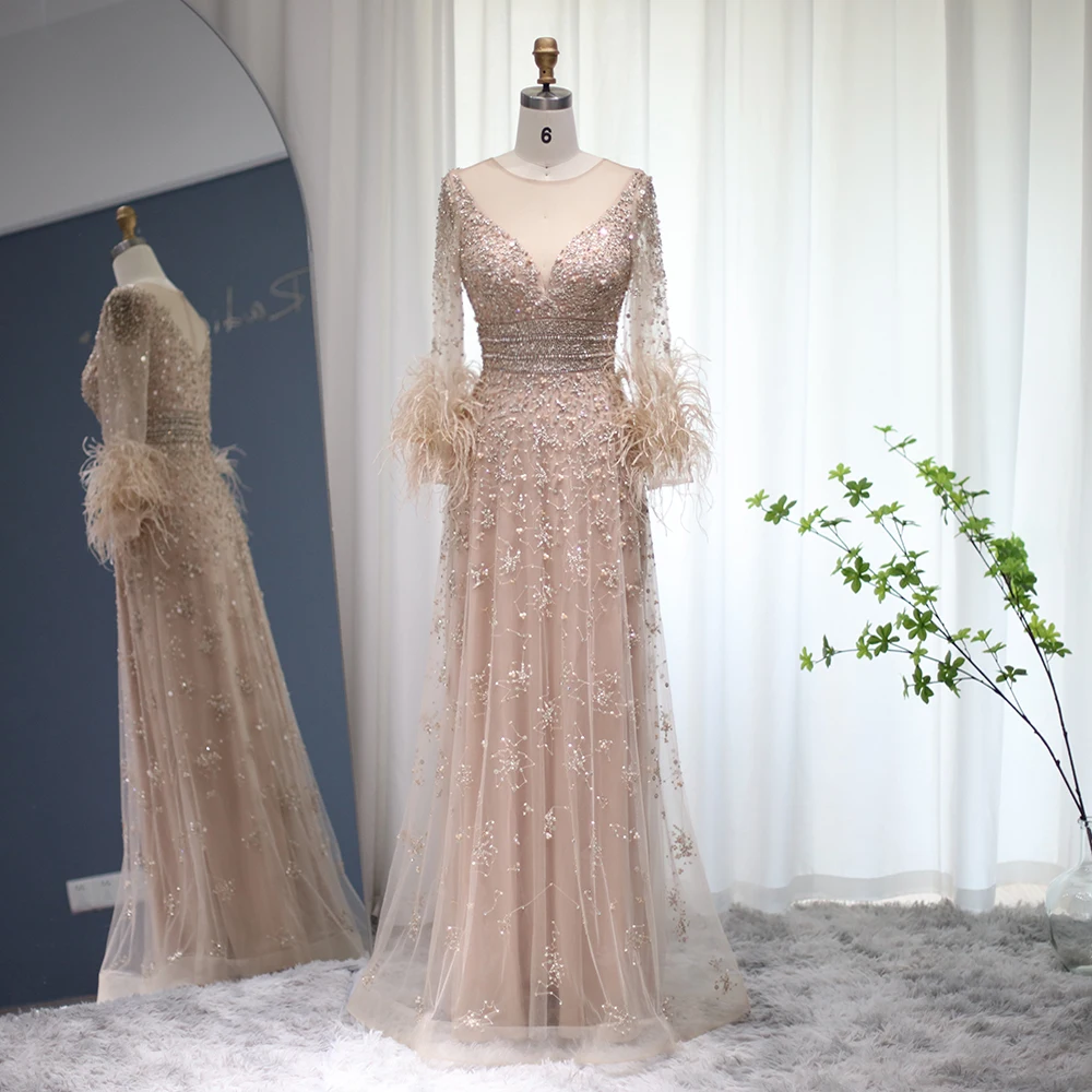 

Elegant Champagne Feathers Long Sleeves Evening Dresses Luxury 2022 Dubai Beaded Muslim Women Wedding Formal Party Gowns SS101