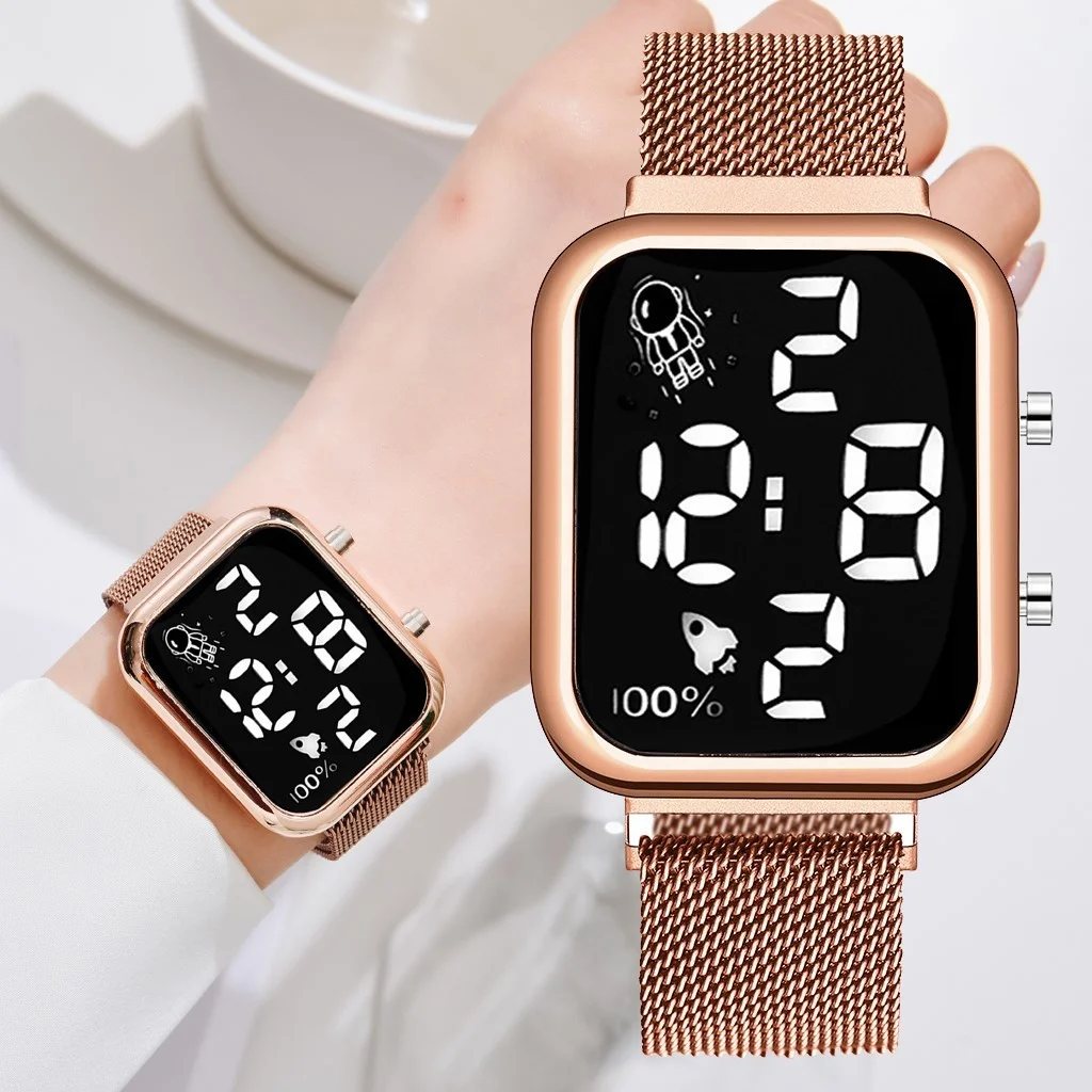 

Женские светодиодные электронные часы, магнитные, с сеткой из розового золота, цифровые, модные, новая серия