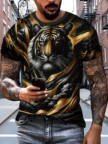 Мужская футболка с 3D-принтом и рисунком тигра - летняя футболка из дышащей полиэстера с короткими рукавами и круглым вырезом для занятий спортом на открытом воздухе