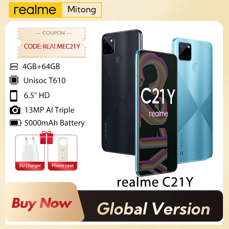 

realme C21Y 6.5" Fullscreen 4GB 64GB Eight-core Processor 13MP AI Triple Camera 5000mAh Massive Battery Global Version