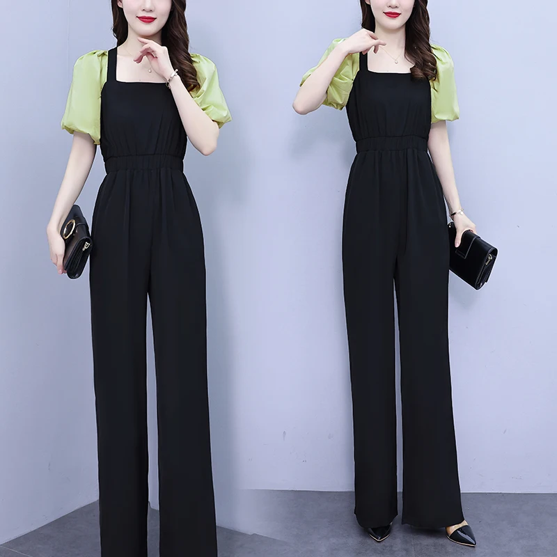 

Jumpsuit women's 2023 summer new high quality chiffon slimming fashion high waisted hit color jumpsuit wide leg pants