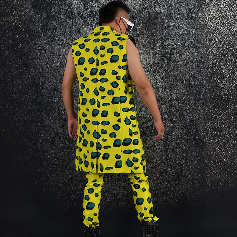Мужской желтый леопардовый костюм без рукавов блейзер и брюки комплект для