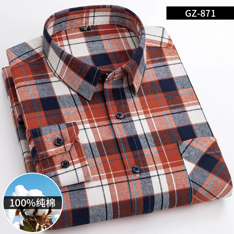 2023 New 100% Cotton Sanding Fabric Standard-fit  Men Casual Plaid Brushed Flannel Shirt Long-Sleeved Oversize Size S-6XL