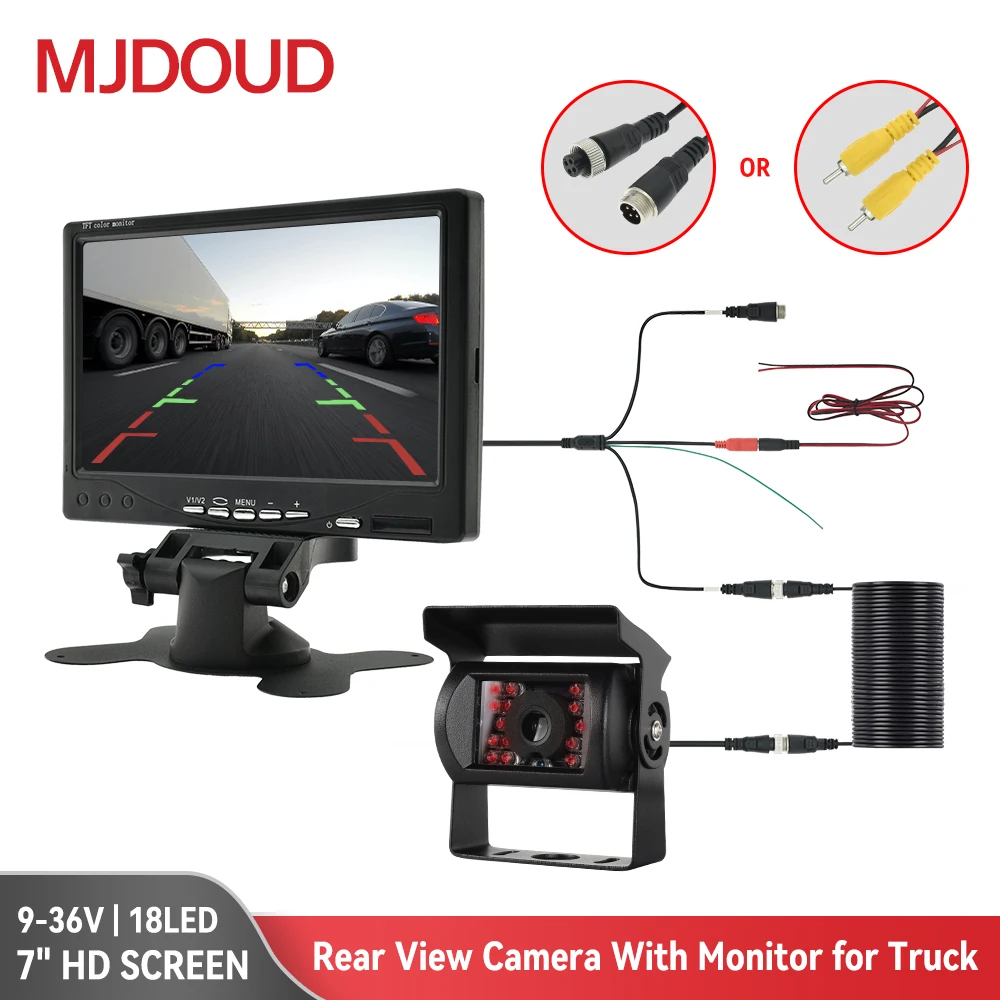 MJDOUD 7 Inch Car Rear View Camera Monitor for Truck Parking 9-36V Bus Security Display with 1024*600 HD LCD Screen Universal