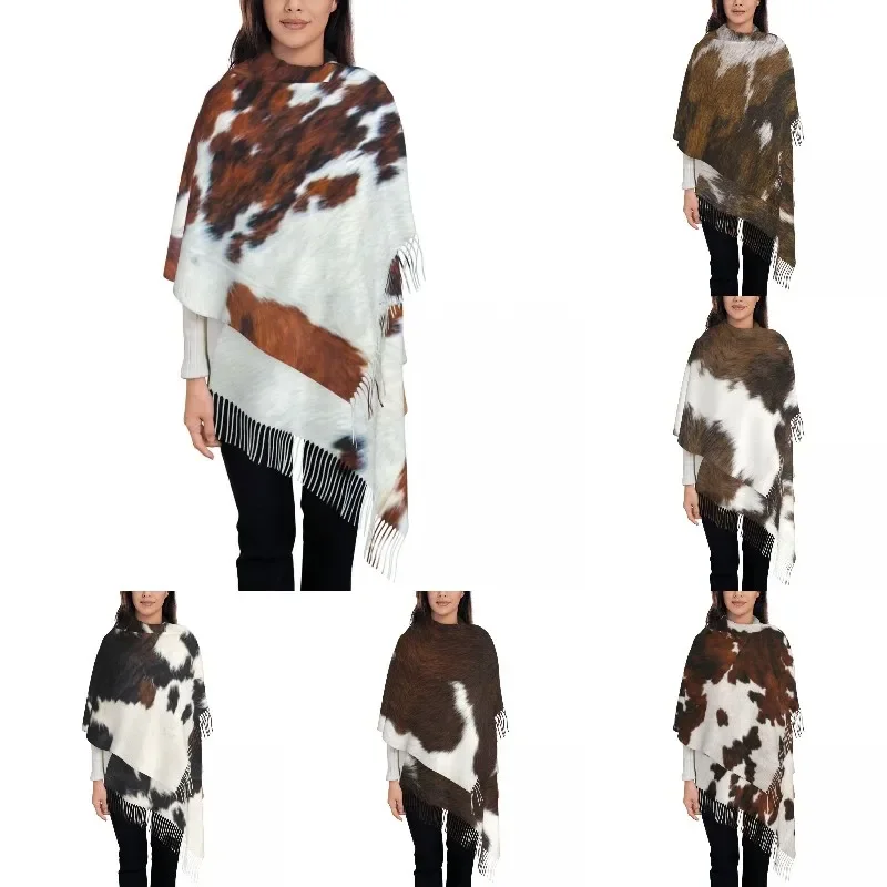 

Rustic Cow Faux Fur Skin Leather Tassel Scarf Women Soft Animal Cowhide Texture Shawls Wraps Lady Winter Scarves