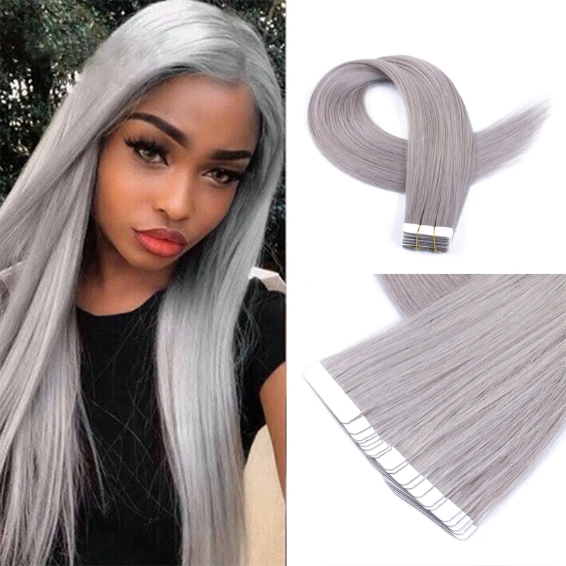 Gray Silky Straight Tape In Human Hair Extensions Skin Weft Hair Extensions Adhesive Invisible 26 inch High Quality