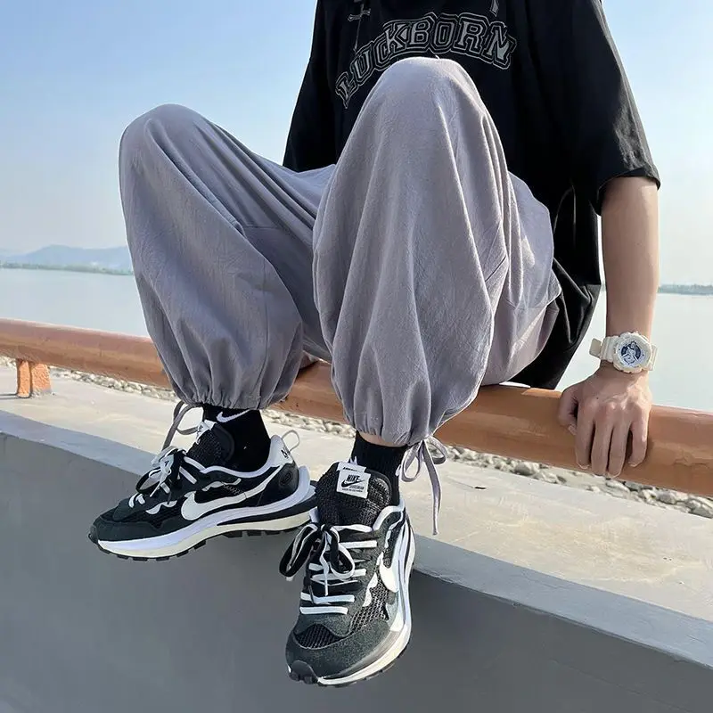 

100% Linen Summer Thin Men Pants Harem Ankle-tied Pants Breathable Soft Joggers Cozy Streetwear Cargo Loose Motor Trousers Male