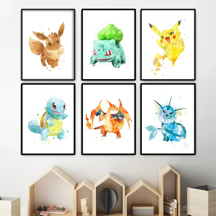 

Pokemon Anime Poster Pikachu Canvas Painting Charmander Squirtle Modular Picture Charizard Watercolor Prints Wall Art Home Decor