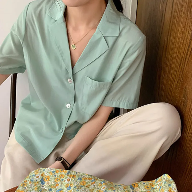 

V Neck Lapel Pocket Buton Up Shirts Green Blue Beige Summer Women Blouse