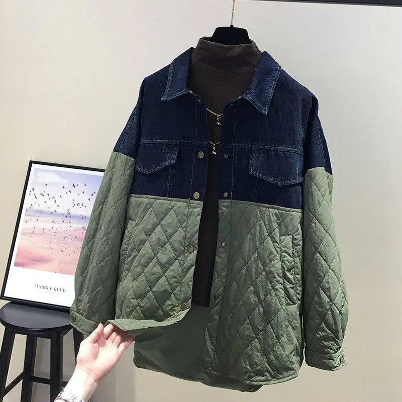 

SuperAen European Autumn and Winter 2022 New Denim Splicing Diamond Cotton Jacket Women's Casual Coat