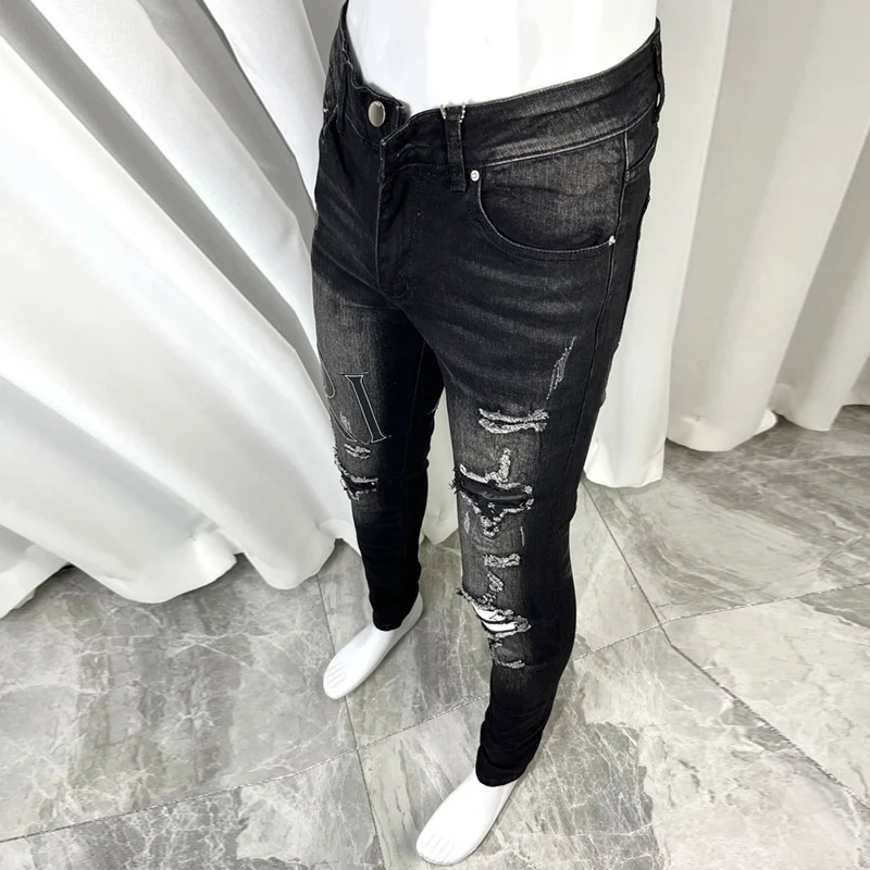 Street Fashion Men Jeans Retro Black Gray Stretch Elastic Slim Fit Ripped Jeans Men Patch Designer Hip Hop Brand Pants Hombre