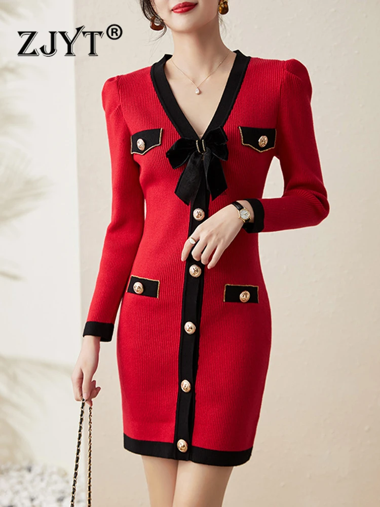 

Женское трикотажное мини-платье-свитер с длинным рукавом и V-образным вырезом